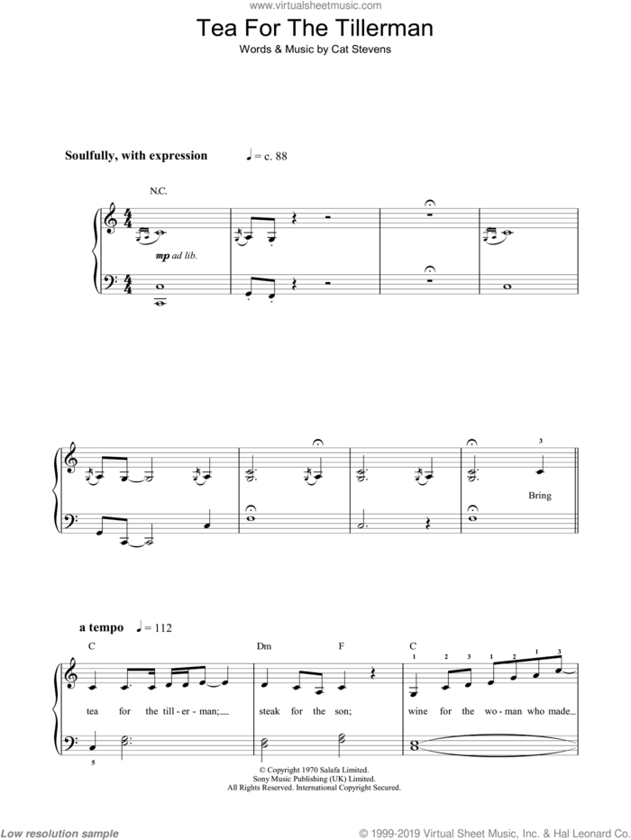 Tea For The Tillerman sheet music for piano solo by Cat Stevens, easy skill level