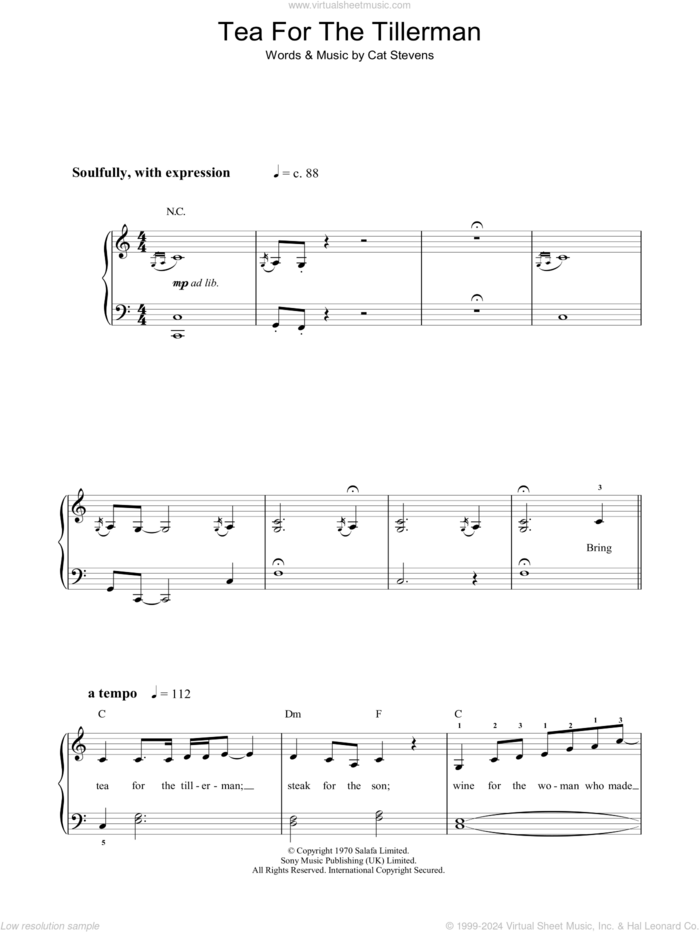 Tea For The Tillerman sheet music for piano solo by Cat Stevens, easy skill level