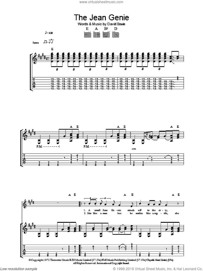 The Jean Genie sheet music for guitar (tablature) by David Bowie, intermediate skill level