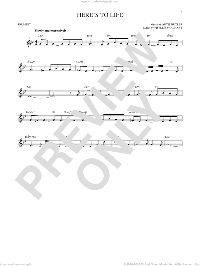 Here's To Life sheet music for trumpet solo by Artie Butler, Shirley Horn and Phyllis Molinary, intermediate skill level