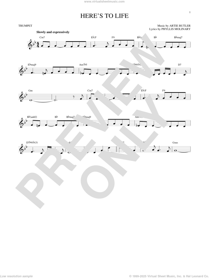 Here's To Life sheet music for trumpet solo by Artie Butler, Shirley Horn and Phyllis Molinary, intermediate skill level