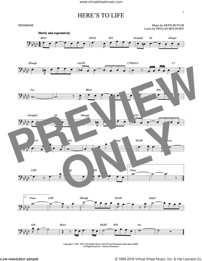 Here's To Life sheet music for trombone solo by Artie Butler, Shirley Horn and Phyllis Molinary, intermediate skill level