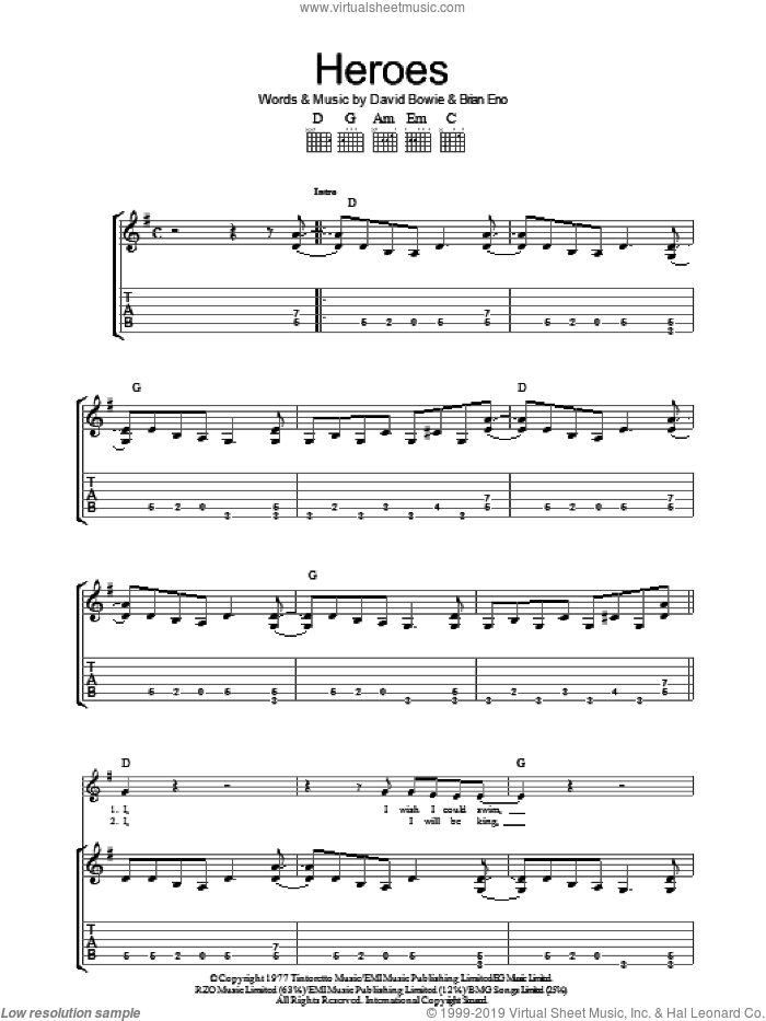 Heroes sheet music for guitar (tablature) by David Bowie and Brian Eno, intermediate skill level