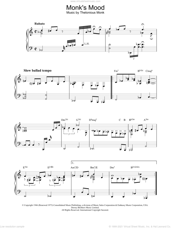 Monk's Mood sheet music for piano solo by Thelonious Monk, intermediate skill level