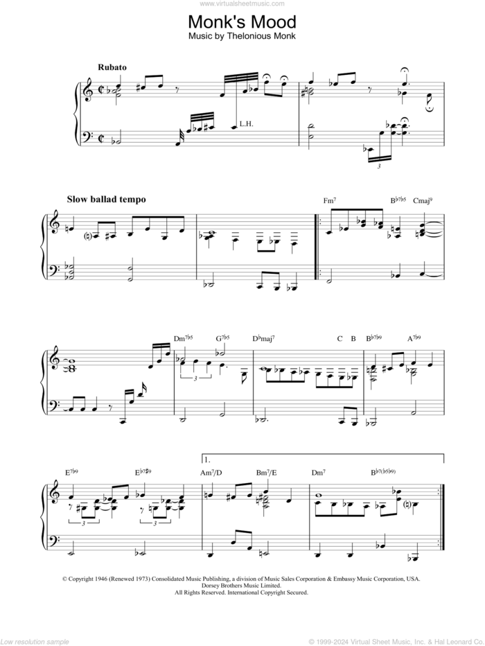 Monk's Mood sheet music for piano solo by Thelonious Monk, intermediate skill level