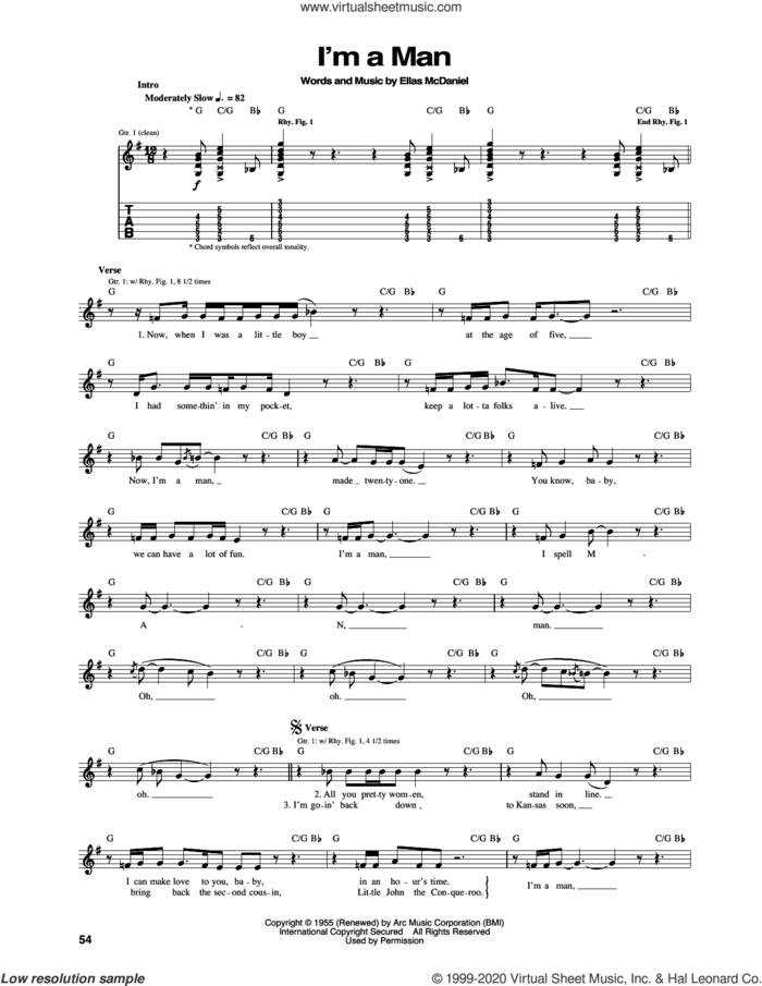 I'm A Man sheet music for guitar (tablature) by Bo Diddley, The Yardbirds and Ellas McDaniels, intermediate skill level