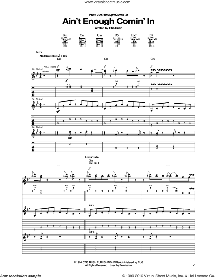 Ain't Enough Comin' In sheet music for guitar (tablature) by Otis Rush, intermediate skill level