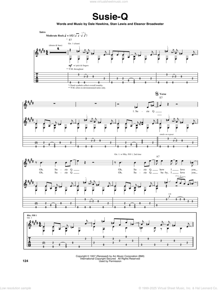 Susie-Q sheet music for guitar (tablature) by Creedence Clearwater Revival, Dale Hawkins, Eleanor Broadwater and Stan Lewis, intermediate skill level