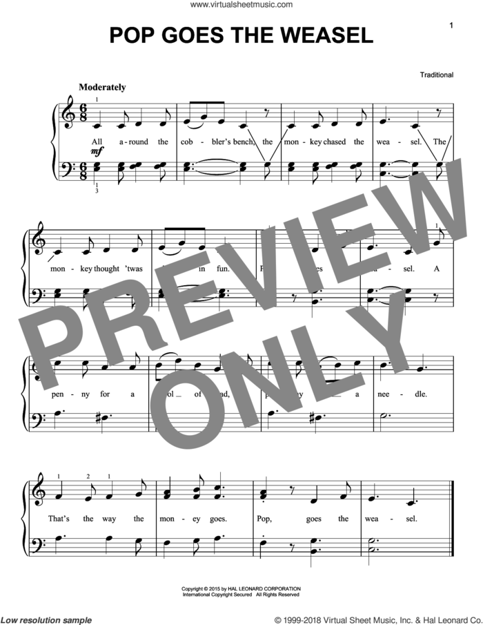 Pop Goes The Weasel, (beginner) sheet music for piano solo, beginner skill level