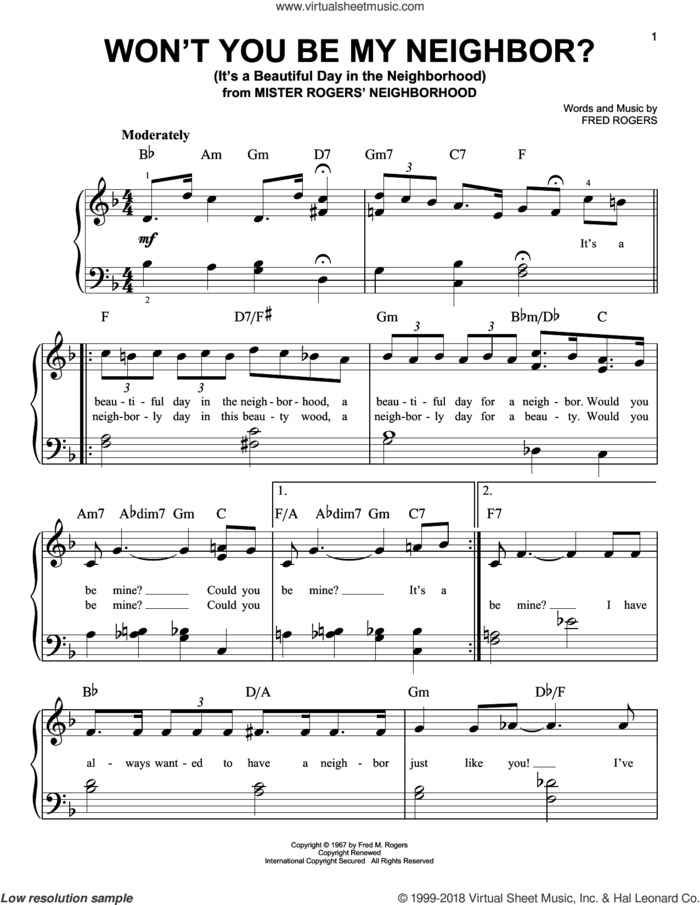 Won't You Be My Neighbor? (It's A Beautiful Day In The Neighborhood) sheet music for piano solo by Fred Rogers, beginner skill level