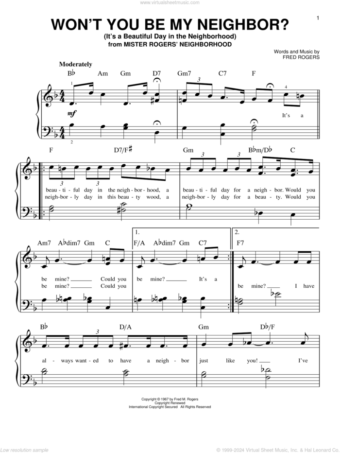 Won't You Be My Neighbor? (It's A Beautiful Day In The Neighborhood) sheet music for piano solo by Fred Rogers, beginner skill level