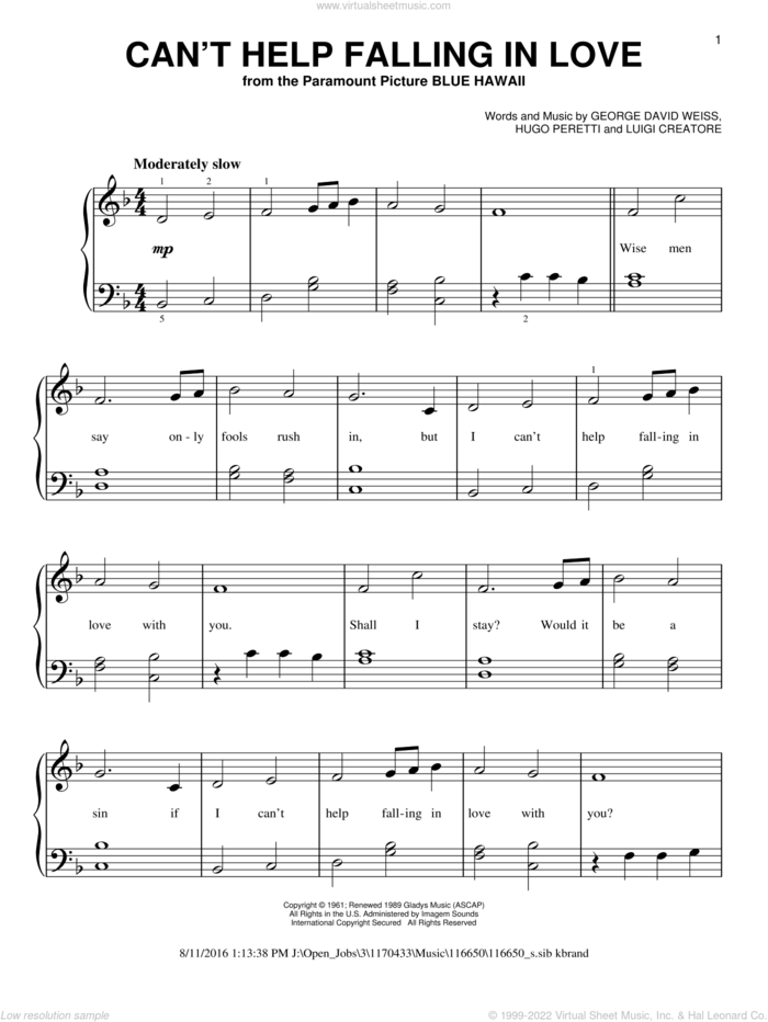 Can't Help Falling In Love sheet music for piano solo by Elvis Presley, UB40, George David Weiss, Hugo Peretti and Luigi Creatore, wedding score, beginner skill level