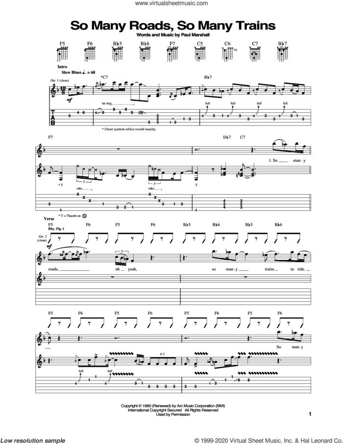 So Many Roads, So Many Trains sheet music for guitar (tablature) by Otis Rush and Paul Marshall, intermediate skill level