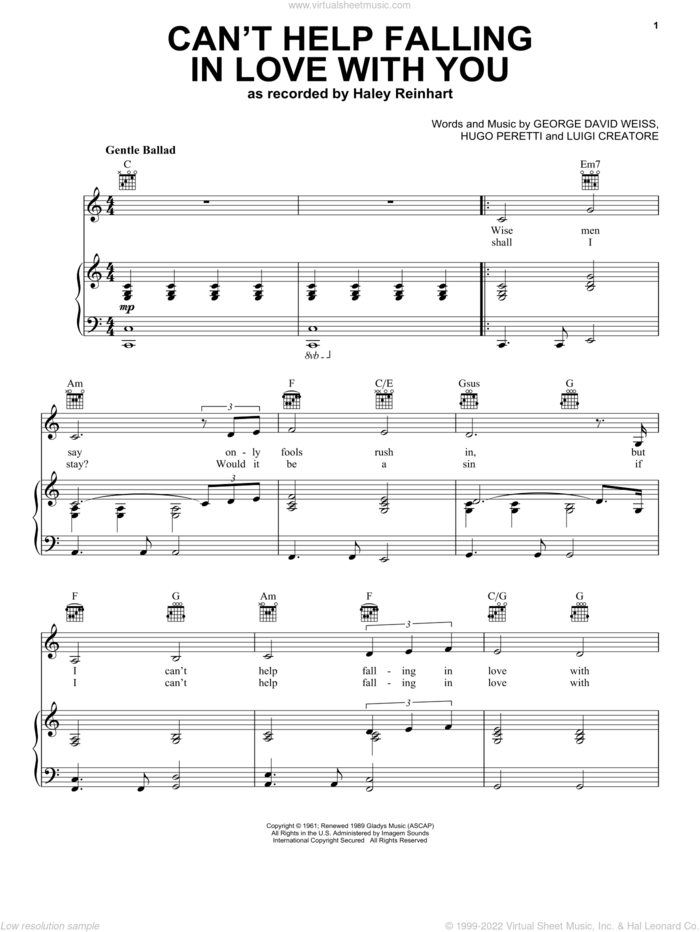 Can't Help Falling In Love sheet music for voice, piano or guitar by Haley Reinhart, Elvis Presley, UB40, George David Weiss, Hugo Peretti and Luigi Creatore, wedding score, intermediate skill level