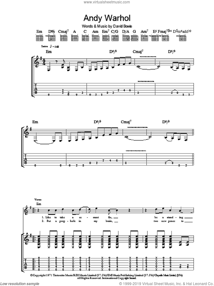 Andy Warhol sheet music for guitar (tablature) by David Bowie, intermediate skill level