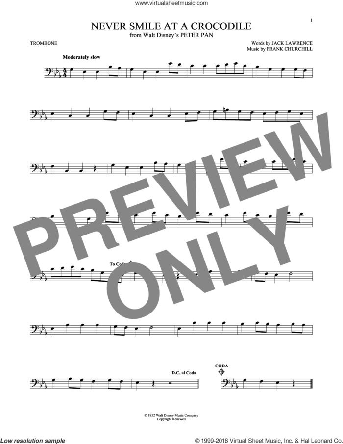 Never Smile At A Crocodile sheet music for trombone solo by Jack Lawrence and Frank Churchill, intermediate skill level