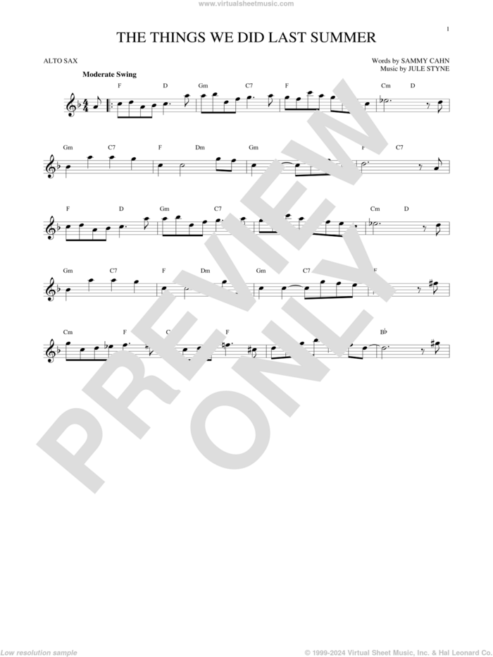 The Things We Did Last Summer sheet music for alto saxophone solo by Sammy Cahn and Jule Styne, intermediate skill level