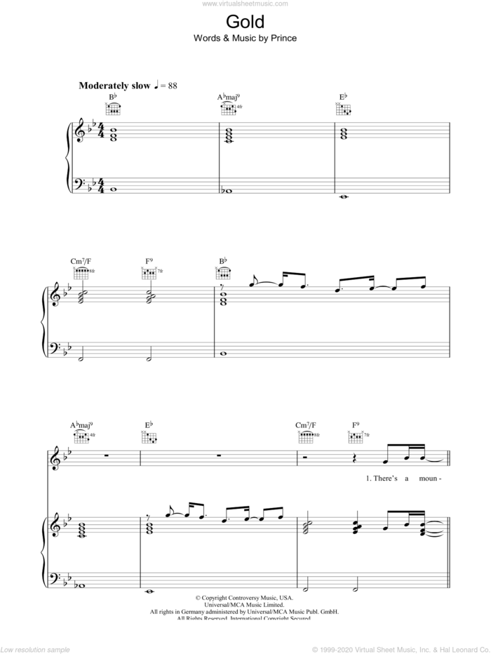 Gold sheet music for voice, piano or guitar by Prince, intermediate skill level