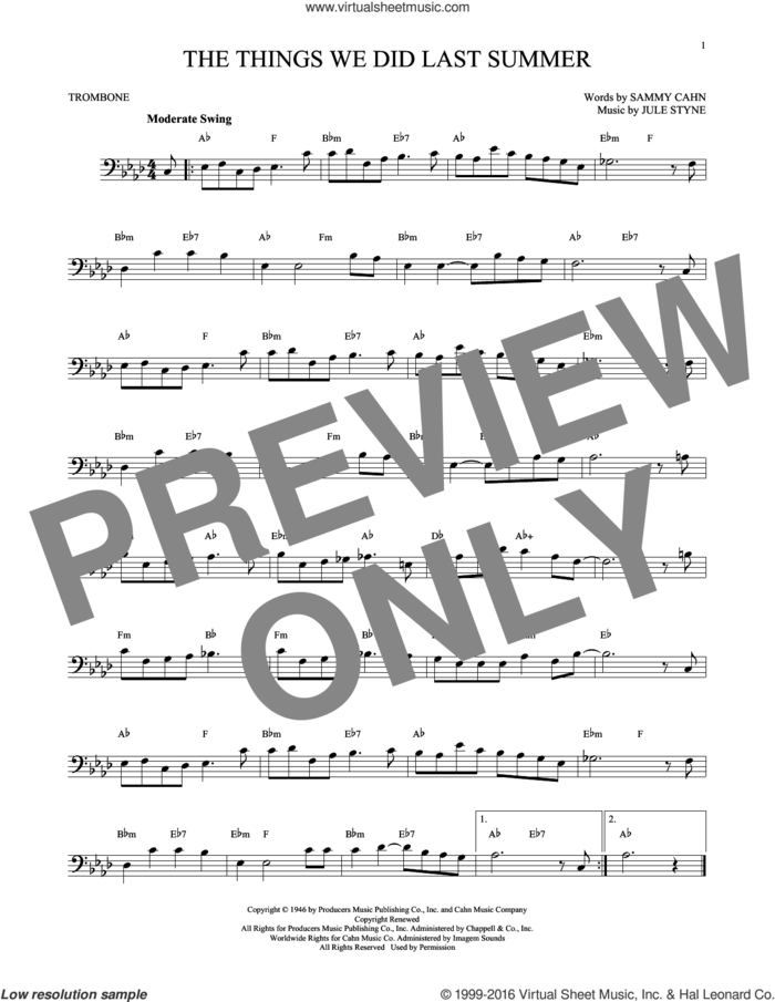 The Things We Did Last Summer sheet music for trombone solo by Sammy Cahn and Jule Styne, intermediate skill level