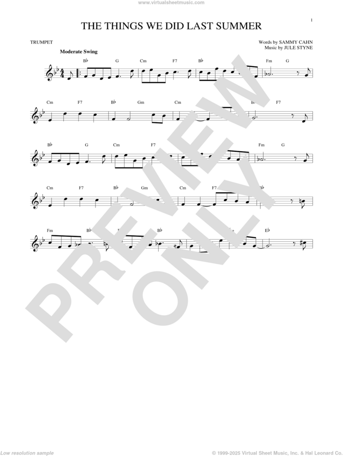 The Things We Did Last Summer sheet music for trumpet solo by Sammy Cahn and Jule Styne, intermediate skill level