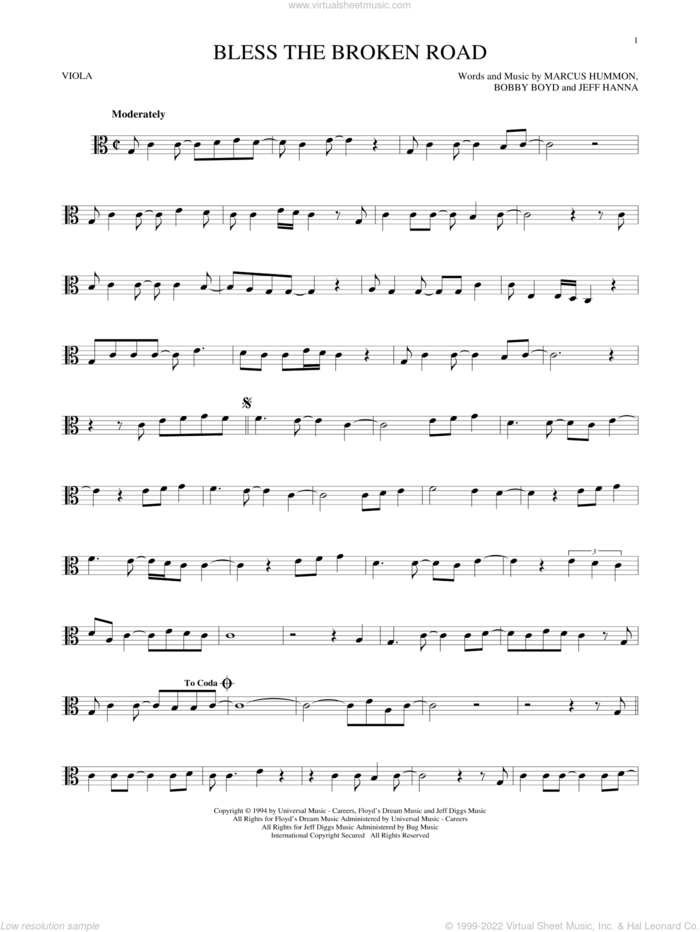 Bless The Broken Road sheet music for viola solo by Rascal Flatts, Bobby Boyd, Jeffrey Hanna and Marcus Hummon, wedding score, intermediate skill level