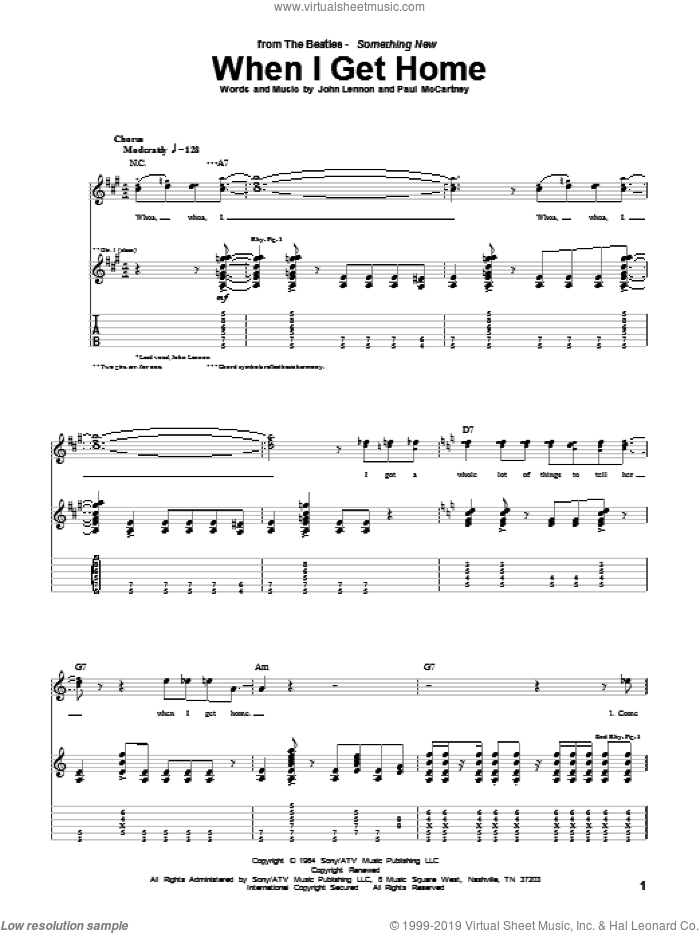 When I Get Home sheet music for guitar (tablature) by The Beatles, John Lennon and Paul McCartney, intermediate skill level