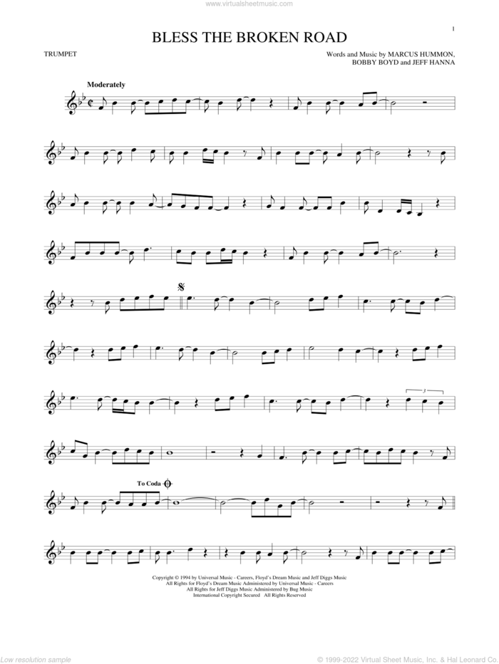 Bless The Broken Road sheet music for trumpet solo by Rascal Flatts, Bobby Boyd, Jeffrey Hanna and Marcus Hummon, wedding score, intermediate skill level