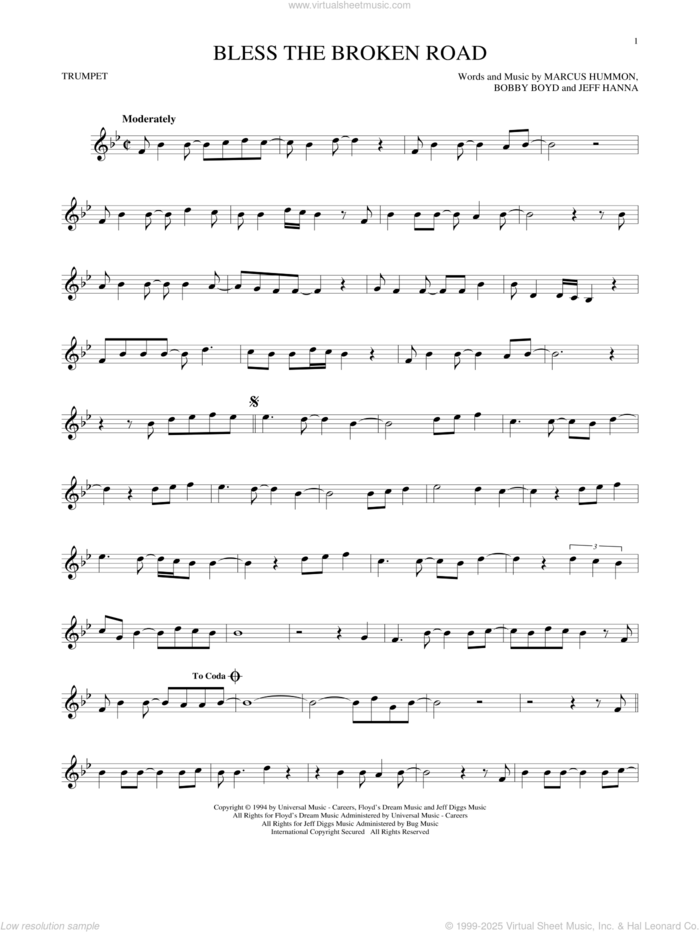 Bless The Broken Road sheet music for trumpet solo by Rascal Flatts, Bobby Boyd, Jeffrey Hanna and Marcus Hummon, wedding score, intermediate skill level