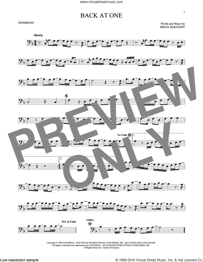 Back At One sheet music for trombone solo by Brian McKnight, wedding score, intermediate skill level