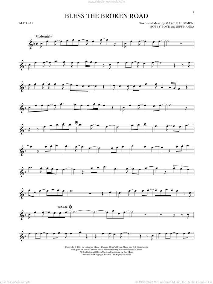 Bless The Broken Road sheet music for alto saxophone solo by Rascal Flatts, Bobby Boyd, Jeffrey Hanna and Marcus Hummon, wedding score, intermediate skill level