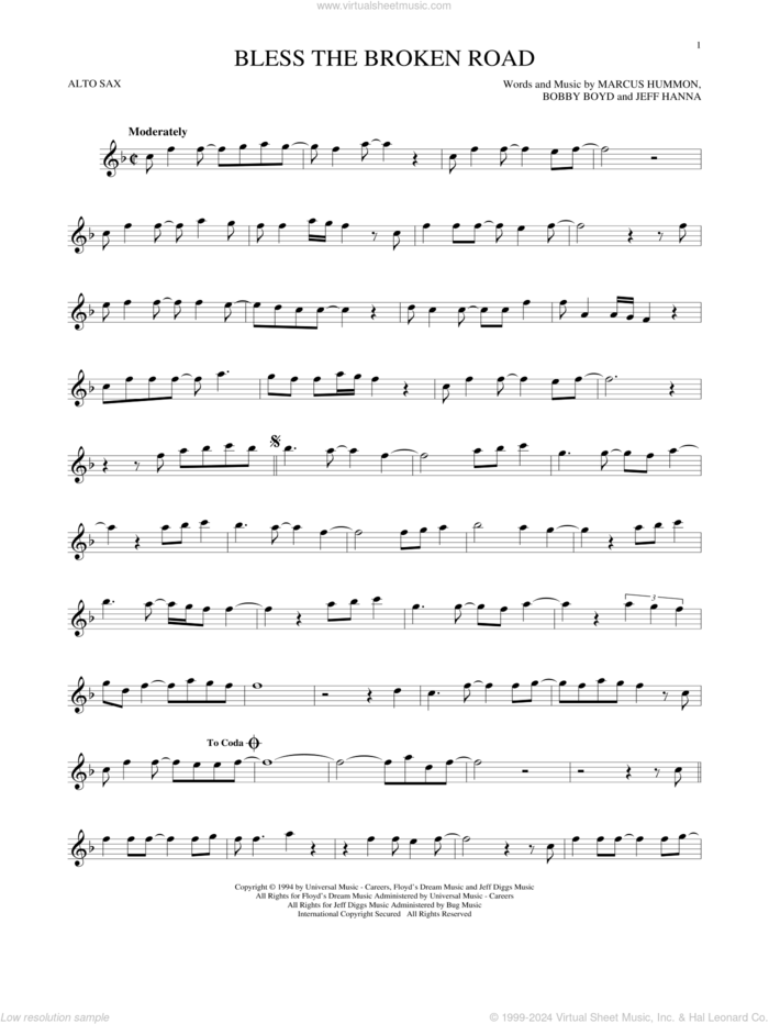 Bless The Broken Road sheet music for alto saxophone solo by Rascal Flatts, Bobby Boyd, Jeffrey Hanna and Marcus Hummon, wedding score, intermediate skill level