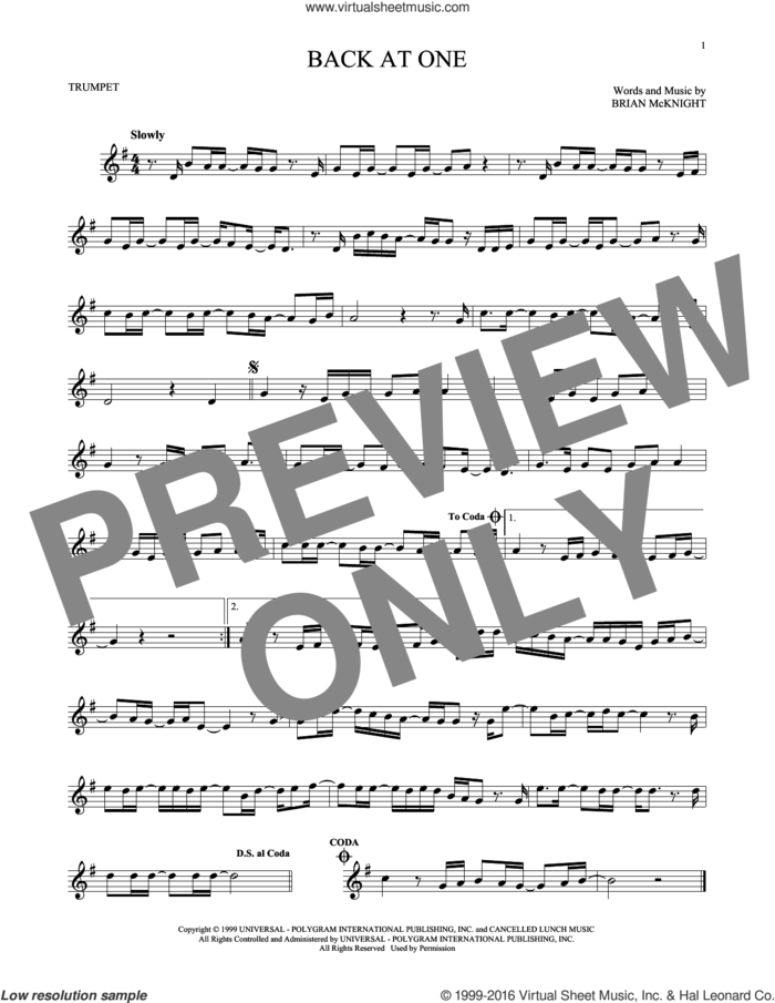 Back At One sheet music for trumpet solo by Brian McKnight, wedding score, intermediate skill level