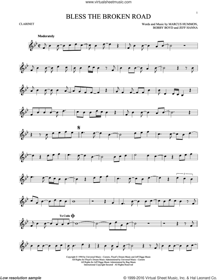 Bless The Broken Road sheet music for clarinet solo by Rascal Flatts, Bobby Boyd, Jeffrey Hanna and Marcus Hummon, wedding score, intermediate skill level