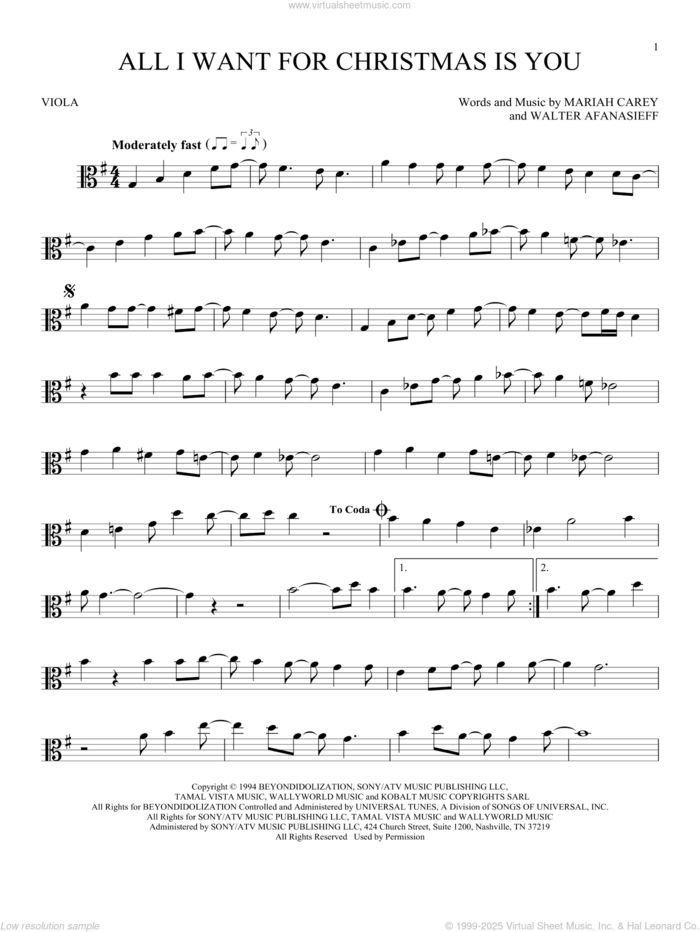 All I Want For Christmas Is You sheet music for viola solo by Mariah Carey and Walter Afanasieff, intermediate skill level