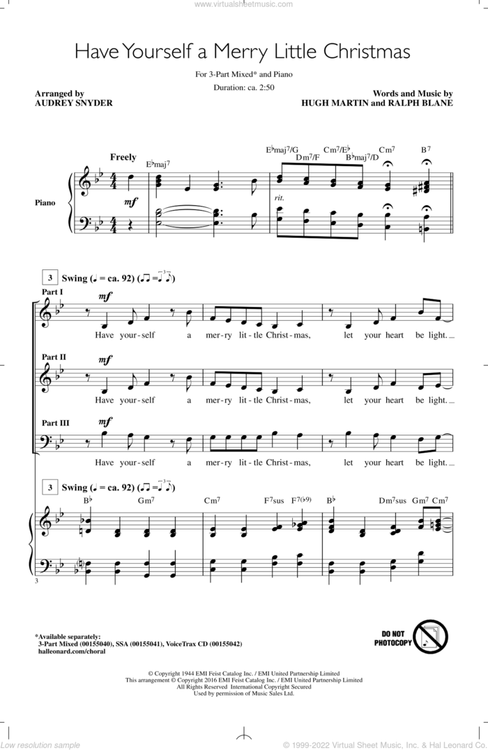 Have Yourself A Merry Little Christmas sheet music for choir (3-Part Mixed) by Hugh Martin, Audrey Snyder and Ralph Blane, intermediate skill level