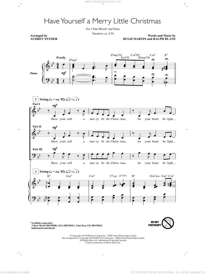 Have Yourself A Merry Little Christmas sheet music for choir (3-Part Mixed) by Hugh Martin, Audrey Snyder and Ralph Blane, intermediate skill level