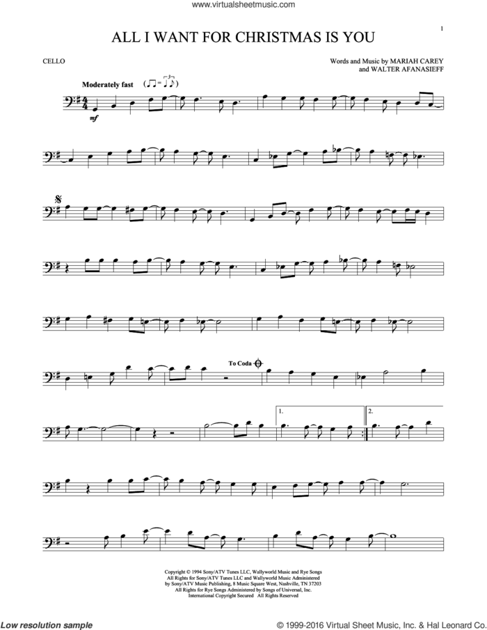 All I Want For Christmas Is You sheet music for cello solo by Mariah Carey and Walter Afanasieff, intermediate skill level