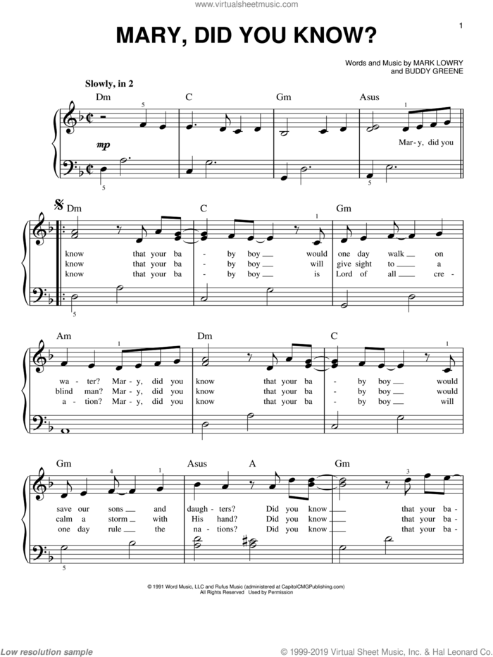 Mary, Did You Know?, (beginner) sheet music for piano solo by Buddy Greene, Kathy Mattea and Mark Lowry, beginner skill level