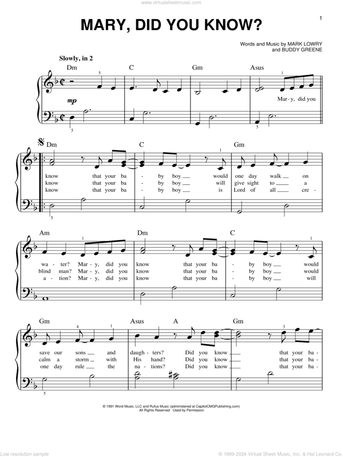 Mary, Did You Know?, (beginner) sheet music for piano solo by Buddy Greene, Kathy Mattea and Mark Lowry, beginner skill level