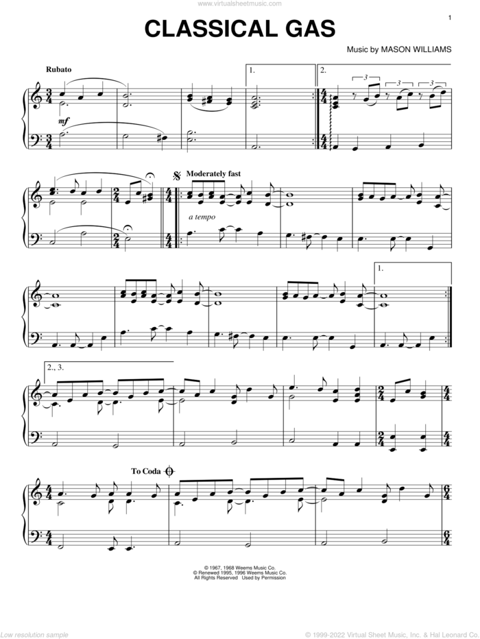 Classical Gas sheet music for piano solo by Mason Williams, classical score, intermediate skill level