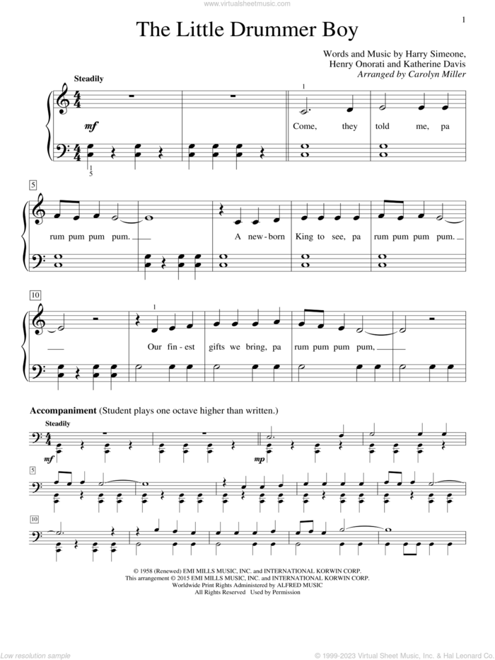 The Little Drummer Boy sheet music for piano solo (elementary) by Carolyn Miller, beginner piano (elementary)