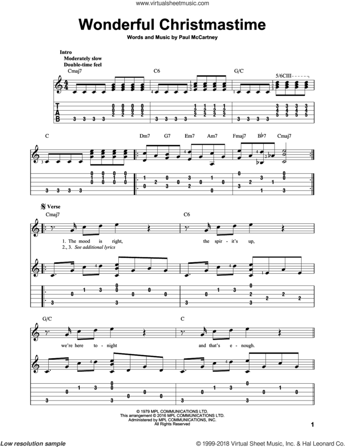 Wonderful Christmastime sheet music for guitar solo by Paul McCartney, intermediate skill level