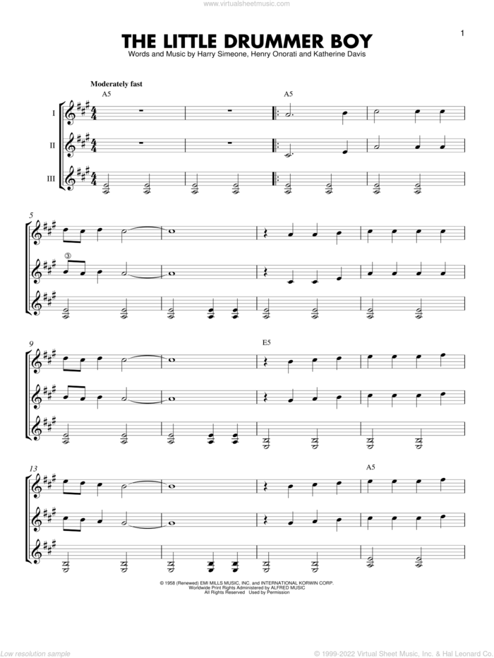 The Little Drummer Boy sheet music for guitar ensemble by Harry Simeone and Henry Onorati, intermediate skill level