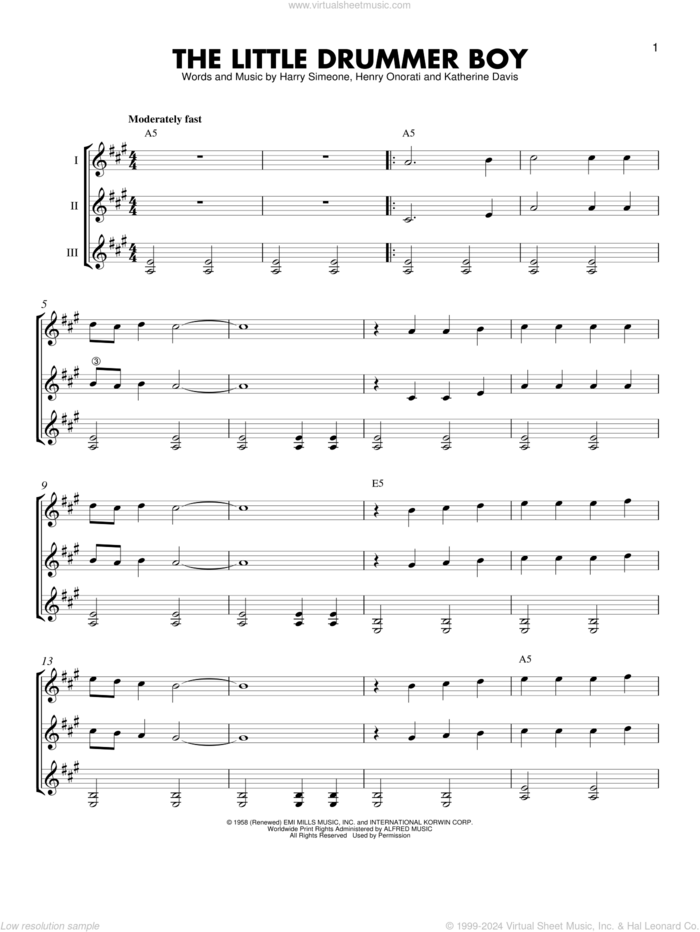 The Little Drummer Boy sheet music for guitar ensemble by Harry Simeone and Henry Onorati, intermediate skill level