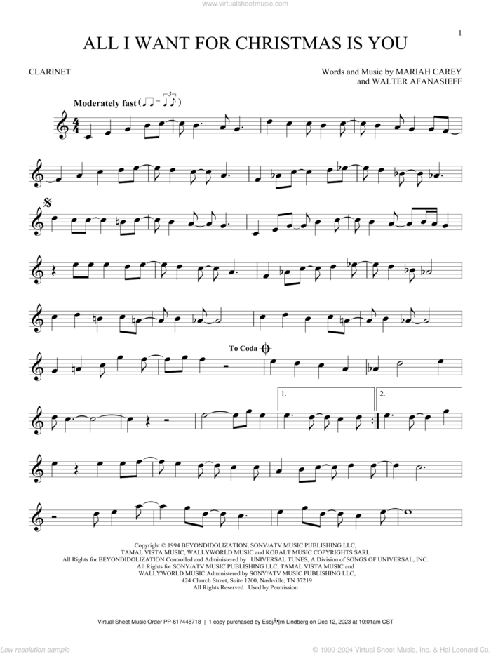 All I Want For Christmas Is You sheet music for clarinet solo by Mariah Carey and Walter Afanasieff, intermediate skill level