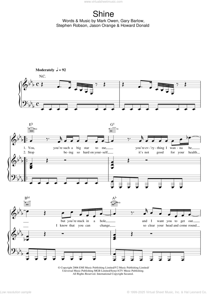 Shine sheet music for voice, piano or guitar by Take That, Gary Barlow, Howard Donald, Jason Orange, Mark Owen and Steve Robson, intermediate skill level