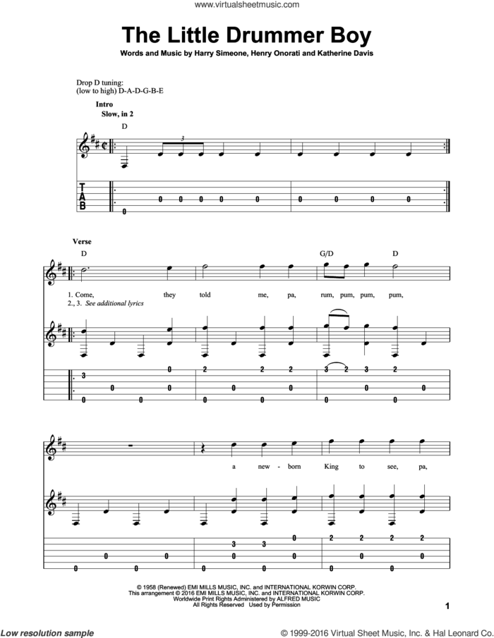 The Little Drummer Boy, (intermediate) sheet music for guitar solo by Katherine Davis, Harry Simeone and Henry Onorati, intermediate skill level