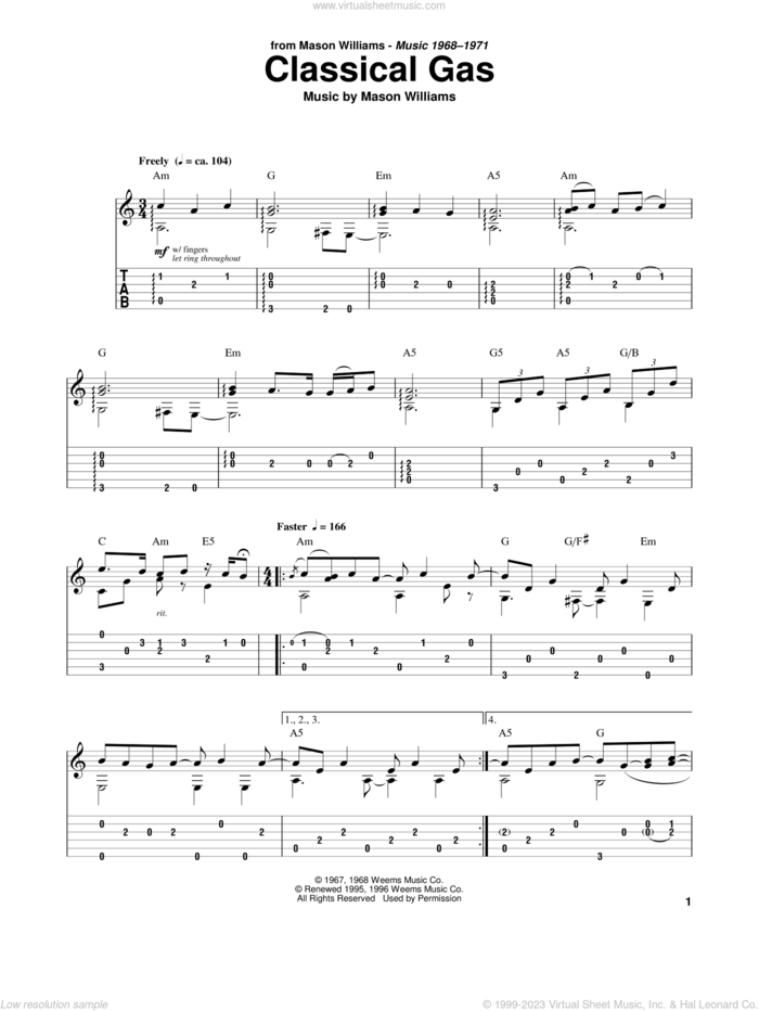 Classical Gas sheet music for guitar solo by Mason Williams, classical score, intermediate skill level