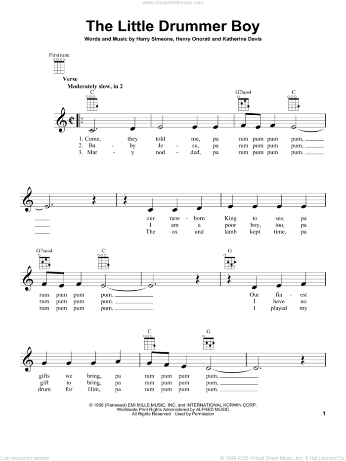 The Little Drummer Boy sheet music for ukulele by Katherine Davis, Harry Simeone and Henry Onorati, intermediate skill level