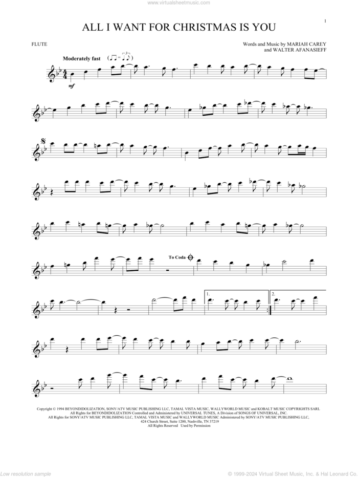 All I Want For Christmas Is You sheet music for flute solo by Mariah Carey and Walter Afanasieff, intermediate skill level